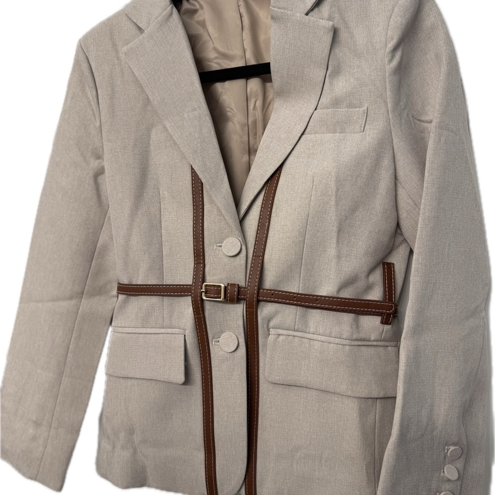 Women's Beige Blazer with Brown faux leather Accents